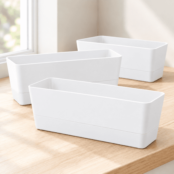 3-Pack 12-Inch Rectangular Planter Boxes, Windowsill Flower Pots for Succulents and Vegetables, White
