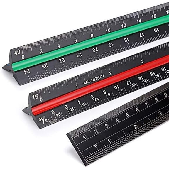 3 Pack 12 Inch Solid  Triangular Architect Scale Ruler Set, 3-Colors- Architectural and Engineer Scale Metal Ruler Set, Clear Scales Drafting Rulers for Engineer Blueprint Project
