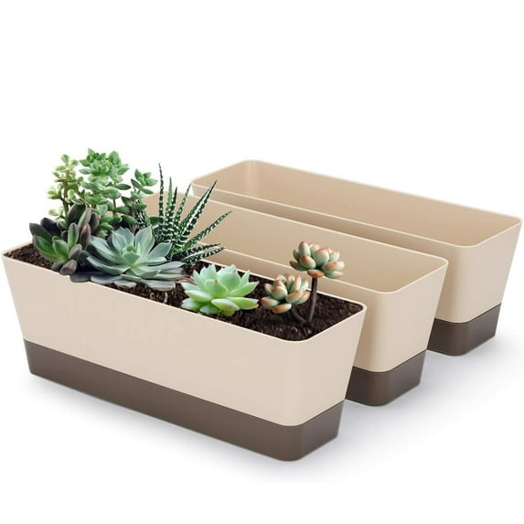 3 Pack 12 Inches Flower Window Planter Plastic Vegetable Planters with Trays Vegetables Growing Container Garden Flower Plant Pot, Large Indoor Plant Pot for Balcony, Patio, Garden( Beige)