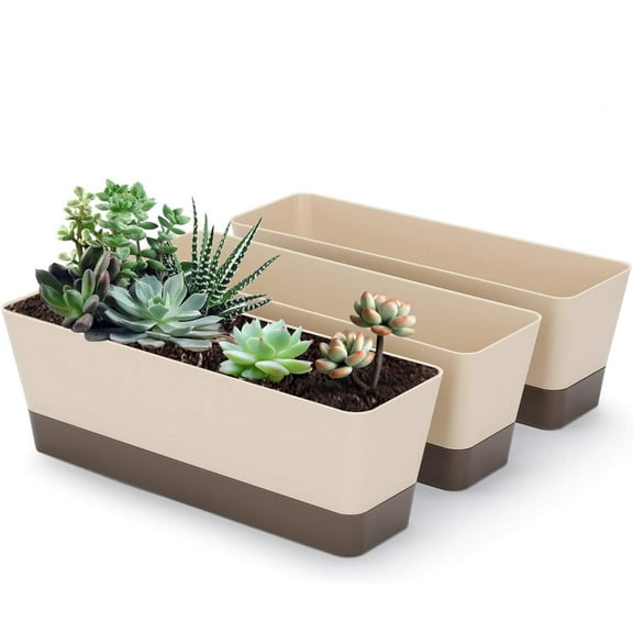 3 Pack 12 Inches Flower Window Planter Plastic Vegetable Planters with Trays Vegetables Growing Container Garden Flower Plant Pot, Large Indoor Plant Pot for Balcony, Patio, Garden( Beige)