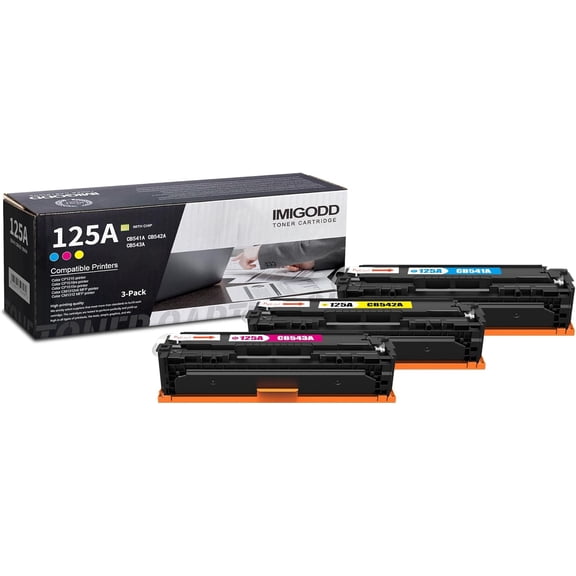 3-Pack 125A Toner Replacement for HP 125A | CB541A CB542A CB543A C/M/Y Toner Cartridge (with chip) High Capacity 1,800 Pages Compatible Color CP1215 CP1518ni CP1515n CM1312nfi MFP CM1312 MFP Printer