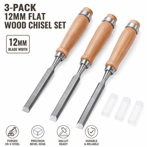 3-Pack 12mm Flat Wood Chisel Set with Hardwood Handle & Steel Hoop, Precision Bevel Edge Carpentry Chisels for Mortise & Joinery