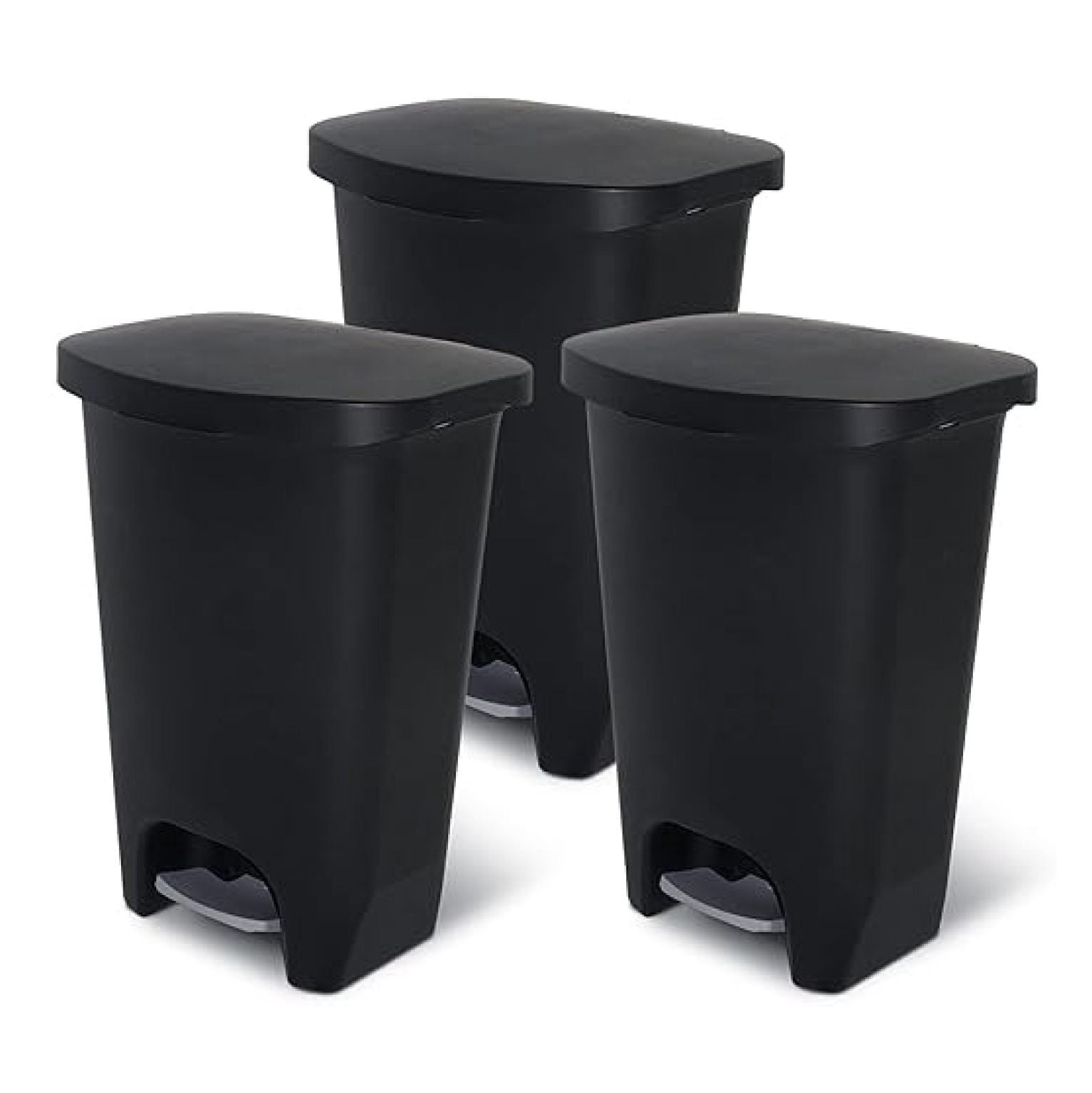 3 Pack 13 Gal Trash Can | Plastic Kitchen Waste Bin with Odor Protection of Lid | Hands Free with Step On Foot Pedal and Garbage Bag Rings, Black