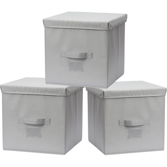 3 Pack 13 Inch Cube Storage Bins with Lids - Collapsible Kallax Storage Cubes, Foldable Toy Storage Organizer for Room Storage and Organization (Light Grey)