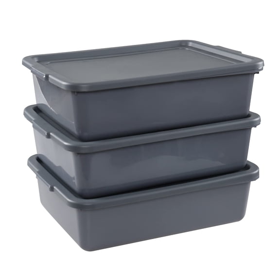 3-Pack 13 L Plastic Commercial Tote Box with Lid, Bus Tubs/Bus Box, Gray
