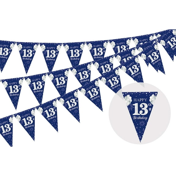 3 Pack 13th Happy Birthday Bunting Banner, 36 Pieces Triangle Flag Navy Blue and Silver, 13th Birthday Decorations, Birthday Pennant Garland for Boys Girls, Thirteen Official Teenager Party Supplies