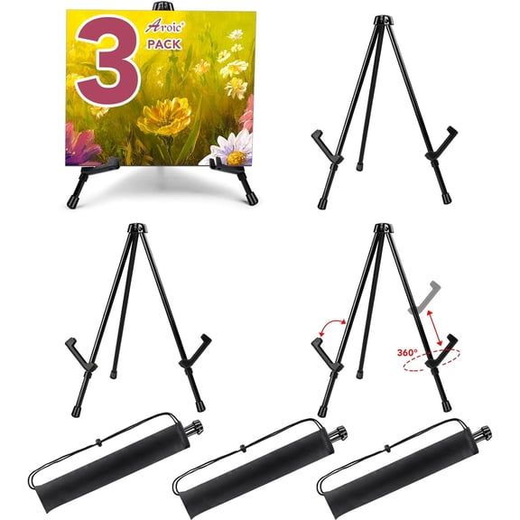 3 Pack 14'' Tabletop Easels, Black Steel Table Top Easels for Display, Adjustable Portable Table Top Easel for Paintings, Signs, Posters,Frame Pictures(with 3 Bags)