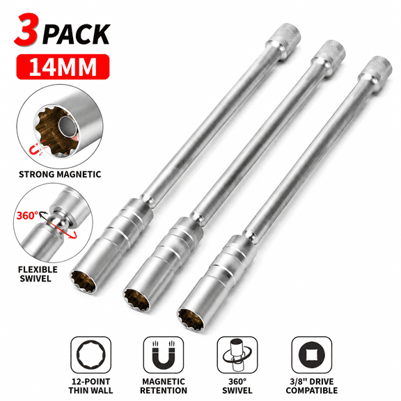 3-Pack 14mm Magnetic Swivel Spark Plug Socket with Extension Bar, 3/8-Inch Drive 12-Point Thin Wall Universal Joint Engine Removal Tool