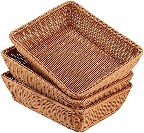 3 Pack 15.6 x 11.8 x 3.4 Inches Rectangular Poly Wicker Bread Baskets, Food Serving Baskets, Handmade Woven Pantry Organizer for Storing Bread, Vegetables, Fruits, Snacks and Crafts, Brown