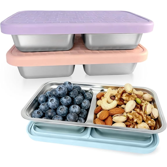 3 Pack 15 oz Stainless Steel Snack Containers, Reusable Metal Snack Containers with Silicone Lids, 2 Compartment Stackable Metal Toddler Lunch Box for Daycare, School and Outdoor