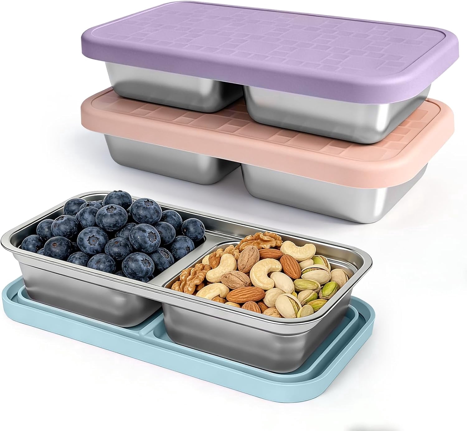 3 Pack 15oz 2 Compartment Stainless Steel Snack Containers with ...