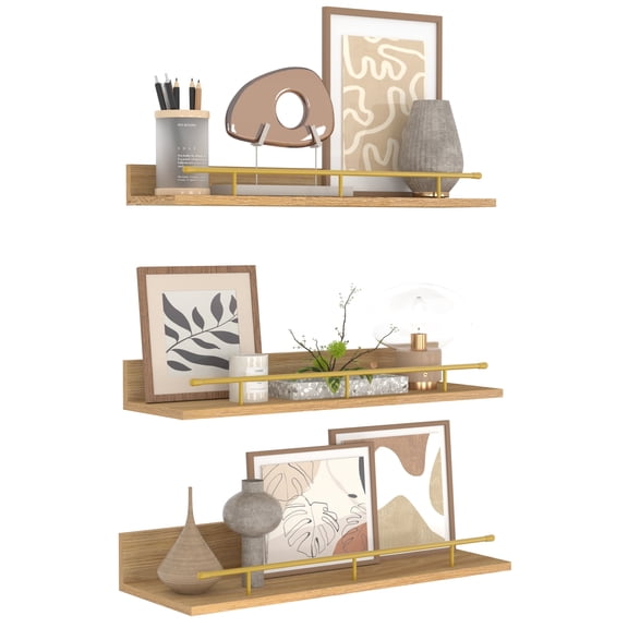 3-Pack 16 Inch Floating Wall Shelves with Gold Metal Guardrail