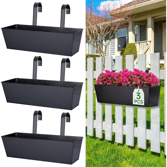 3 Pack 16 Inch Black Metal Railing Planter Boxes, Fence Planters, Hanging Flower Pots with Detachable Wide Hooks for Deck, Fence, Patio & Garden