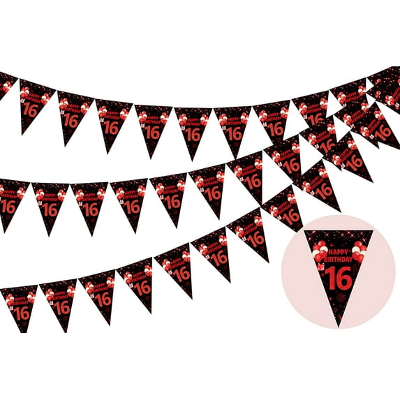 3 Pack 16th Happy Birthday Bunting Banner, 36 Pieces Triangle Flag Red and Black, 16th Birthday Decorations, Birthday Pennant Banner for Boys Girls, Birthday Anniversary Theme Party Supplies