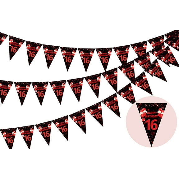 3 Pack 16th Happy Birthday Bunting Banner, 36 Pieces Triangle Flag Red and Black, 16th Birthday Decorations, Birthday Pennant Banner for Boys Girls, Birthday Anniversary Theme Party Supplies