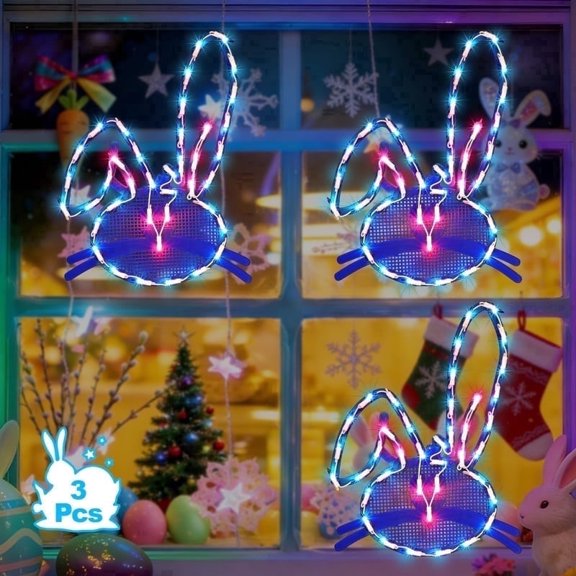 3 Pack 17 Inch Lighted Blue Bunny Easter Decoration, 120V Plug-in Powered