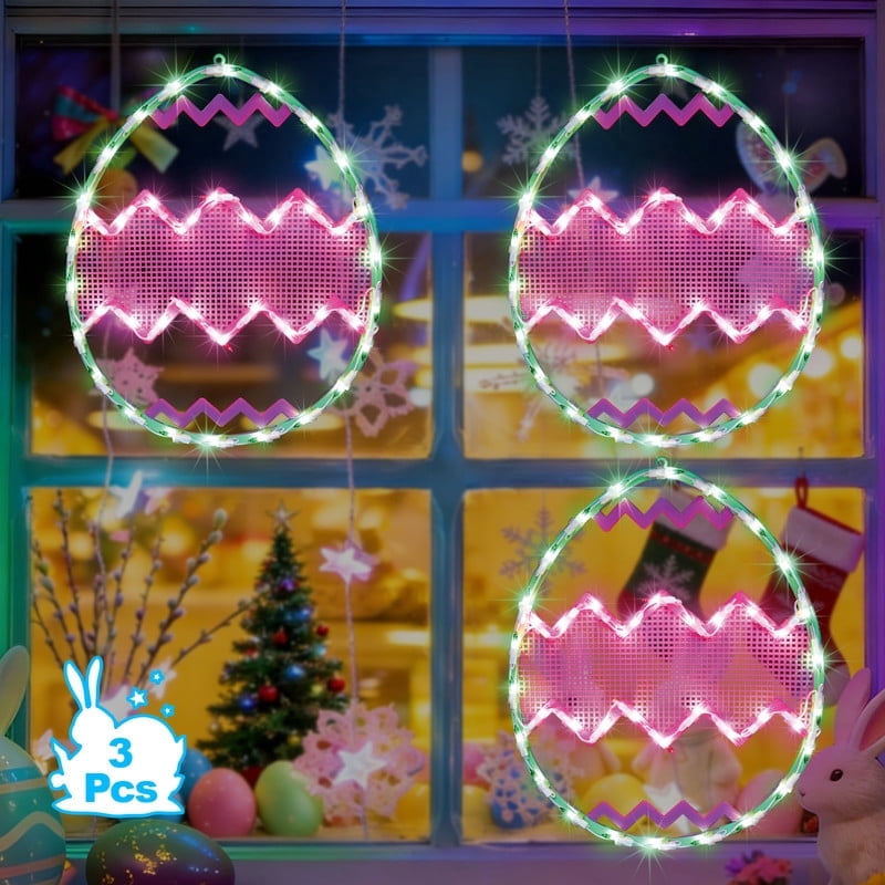 3 Pack 17 Inch Illuminated Easter Egg Window Decor, Green Background Featuring Pink Chevron Stripes