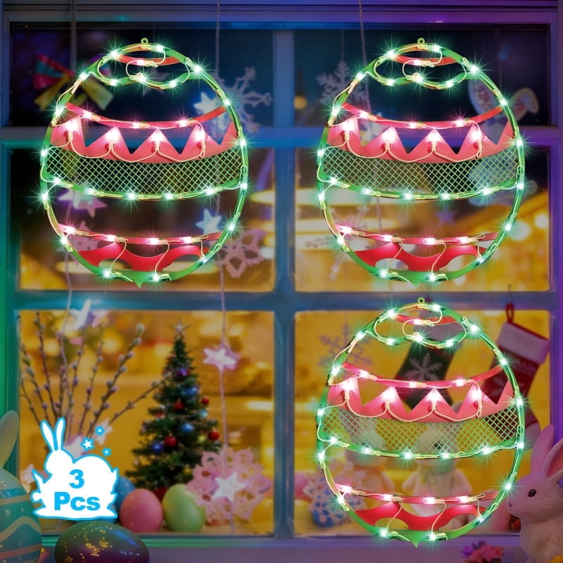 3 Pack 17 Inch Lighted Easter Egg Window Silhouette, Green Base with Pink Chevron Stripes