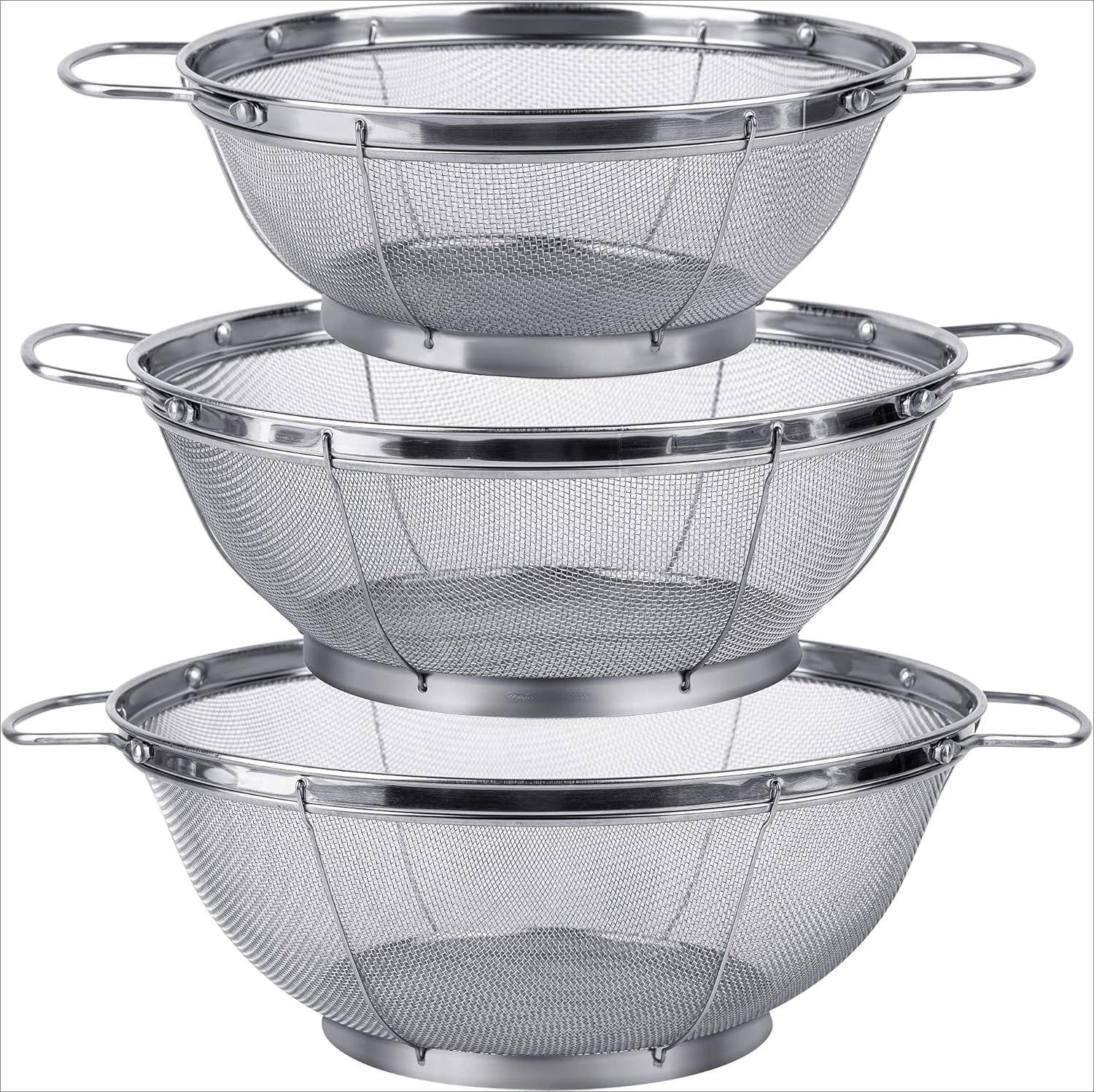 3 Pack 18/8 Stainless Steel Colander Sieves(5-Quart, 4-Quart and 3 ...