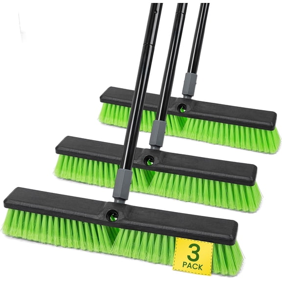 3 Pack 18 Push Broom Outdoor Heavy Duty, Garage Shop Broom with 59.5" Long Bandle for Cleaning Outdoor or Indoor Tile, Garage, Shop, Deck, Concrete, Wood, Stone, Patio Floor, with Soft Bristles