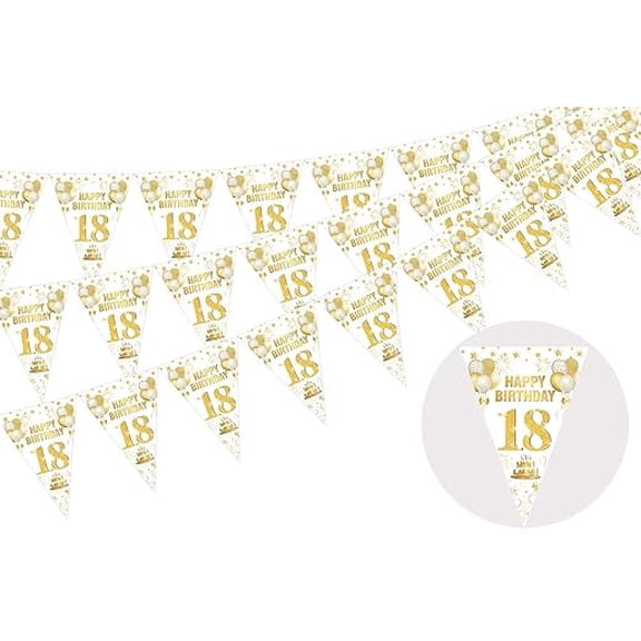 3 Pack 18th Happy Birthday Bunting Banner, 36 Pieces Triangle Flags White and Gold, 18th Birthday Pennant Banner for Boys Girls, Bday Anniversary Party Hanging Decorations