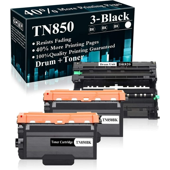 3 Pack (1Drum+2BK) DR820 Drum Unit TN850 Toner Cartridge Replacement for Brother DCP-L5500DN L5600DN L6700DW L6750DW L5700DW L5900DW L6800DW L6200DW L6250DW L5000D L5200DW Printer