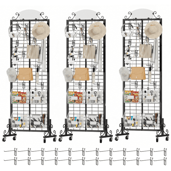 3 Pack 2.1 x 6.2 Ft Tall Gridwall Panel Display Stands Heavy Duty Floor Standing Retail Display Rack, Movable Gridwall Display Stand with 4 Wheels and 8 Hooks