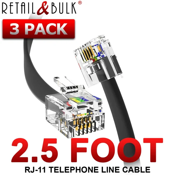 (3 Pack) 2.5 Foot Telephone Cable Rj11 (6P4C) Phone Line Cord, Black