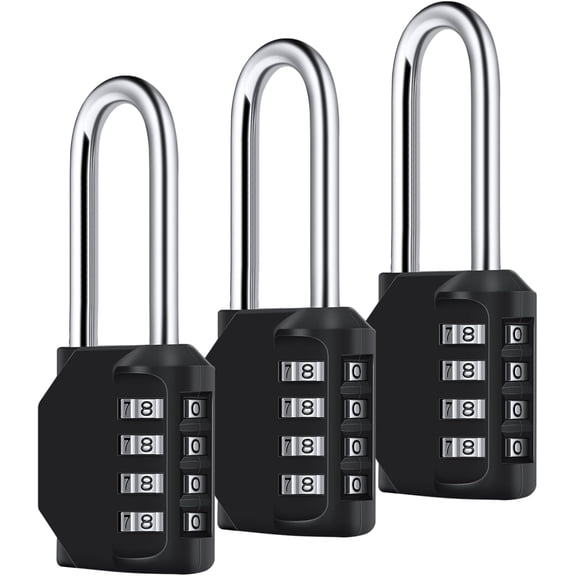 3 Pack 2.6 Inch Long Shackle Combination Lock, 4 Digit Outdoor Waterproof Padlock, Plated Steel Combination Clasp & High Security for Fence, School, Gym, Sports Locker, Black