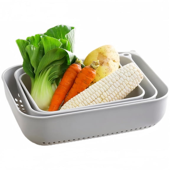 3 Pack 2-in-1 Square Fruit Washing Baskets, Detachable Double Layer Vegetable Strainers with Side Handles & Hanging Hole, Food-Grade PP Drain Bowls, Multipurpose Kitchen Prep Rinsing Set