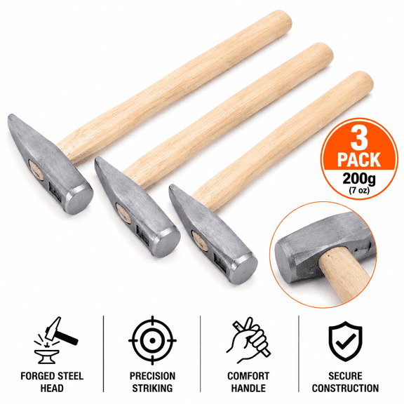 3-Pack 200g Small Machinist Hammer Set, Lightweight Solid Steel Head Hand Hammers for DIY Crafting, Woodworking & Household Repairs