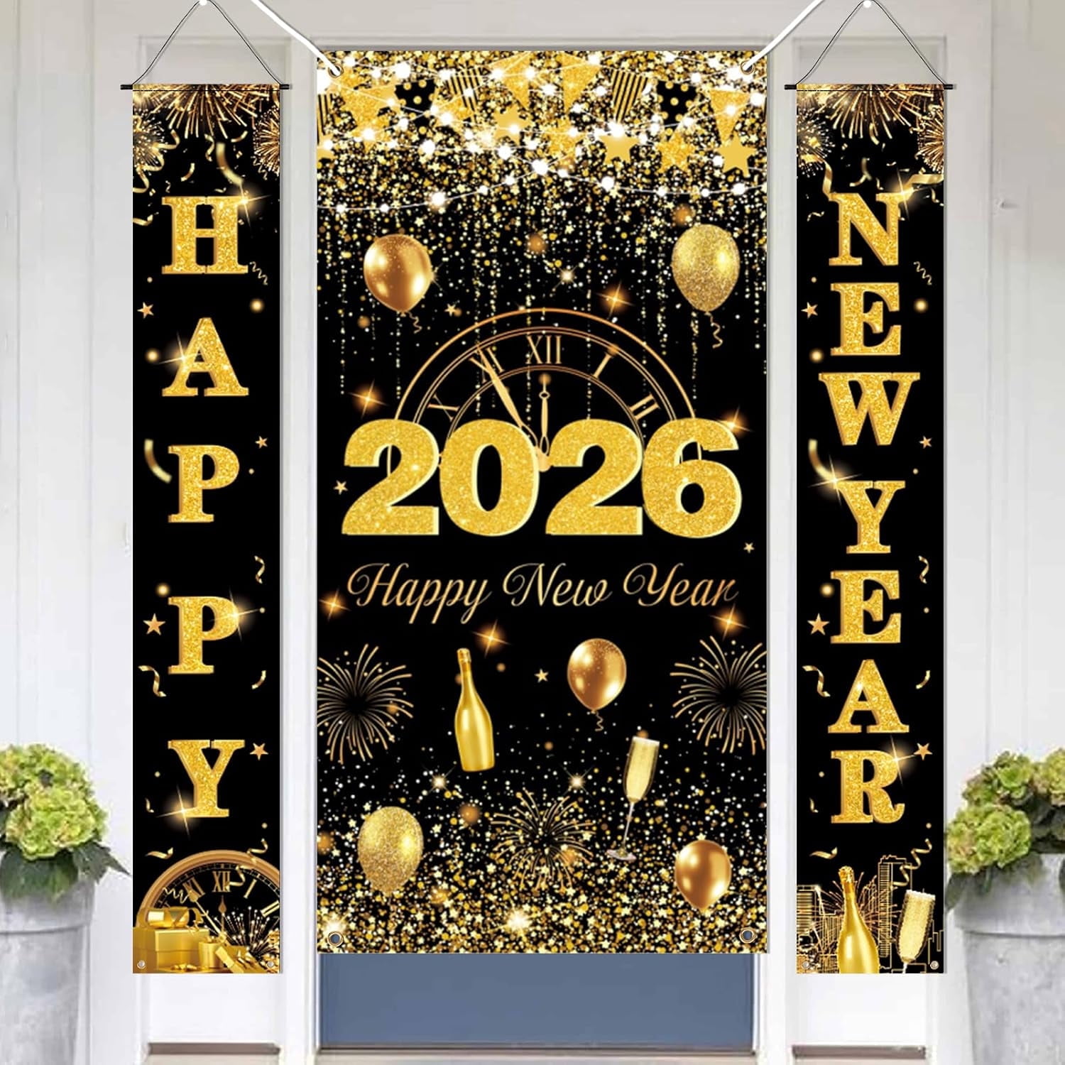 ⁂2026 new year decoration⁂ お正月飾り 3 Pack 2026 Happy New Year Door Banner Set Decorations, Black and