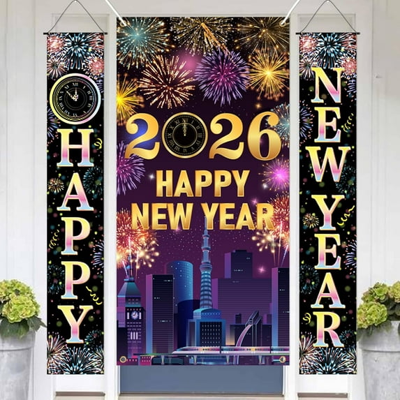 3 Pack 2026 Happy New Year Porch Door Banner, Colorful Fireworks New Year Door Cover Hanging Sign for 2026 New Years Eve Party Supplies Indoor Outdoor NYE Holiday Decorations