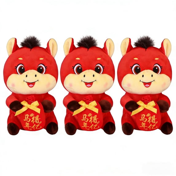 3-Pack 2026 Lunar New Year Red Horse Plush Mascot Stuffed Animal(7.87inch), "Horse Year Get Rich" Chinese Zodiac Blessing Figurine Spring Festival Gift Decor Souvenir