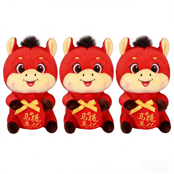 3-Pack 2026 Lunar New Year Red Horse Plush Mascot Stuffed Animal(7.87inch), "Horse Year Get Rich" Chinese Zodiac Blessing Figurine Spring Festival Gift Decor Souvenir