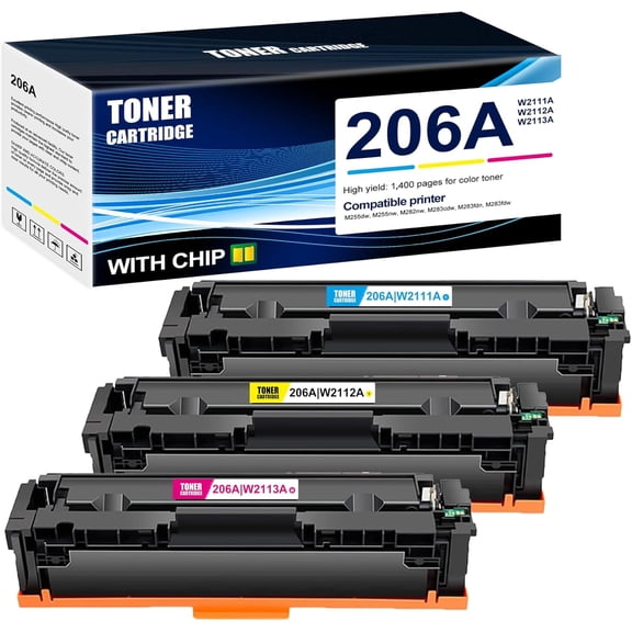 3-Pack 206A W2111A W2112A W2113A Whit chip Toner Cartridge: Compatible 206A Replacement for HP M255nw M255dw M255dn M282nw M283fdn M283fdw M283cdw M255-M256 Series Printer