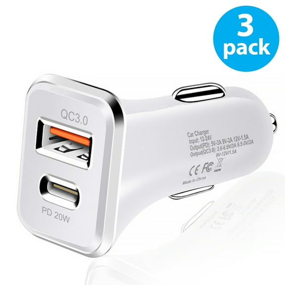 3-Pack 20W PD USB C Car Charger, USB Type C Fast Power Charging, Dual Port USB-A+ USB-C Plug Car Lighter Adapter for iPhone 14/13/12/11/X/8/7/6, iPad, Samsung Galaxy S23/S22/S21/S20 Ultra, Universal