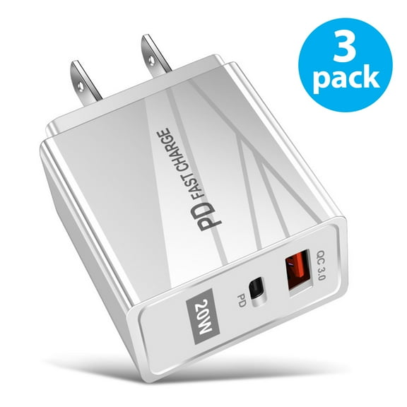 3-Pack 20W USB-C Fast Charger, Dual Port PD Type-C Charging Adapter Plug for iPhone 14/13/12/11 /Pro Max, XS/XR/X, iPad Pro, AirPods Pro, Samsung Galaxy S23/S22/S21/S20 Ultra, Plus, Universal, White