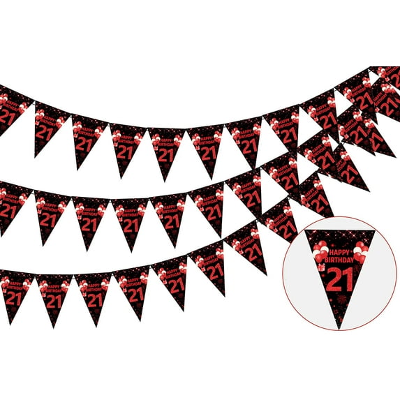 3 Pack 21st Happy Birthday Bunting Banner, 36 Pieces Triangle Flag Red and Black, 21st Birthday Decoration, Birthday Pennant Banner for Men Women, Birthday Anniversary Theme Party Supplies