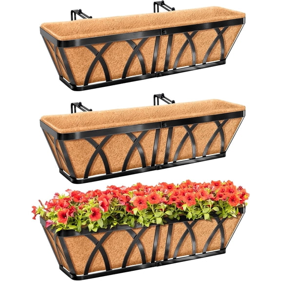 3 Pack 24 Inch Metal Railing Planter Window Box with Coco Liner- Adjustable Window Flower Boxes for Railings, Hanging Rail Planters for Deck, Balcony, Porch, Fence, Indoor Outdoor Plants