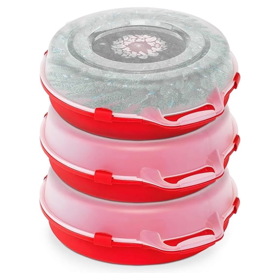 3-Pack 24 Inch Seasonal Holiday Clear Plastic Wreath Storage Containers, Red Stackable Decoration Organizer Bins with Lids and Handles for Christmas Wreaths and