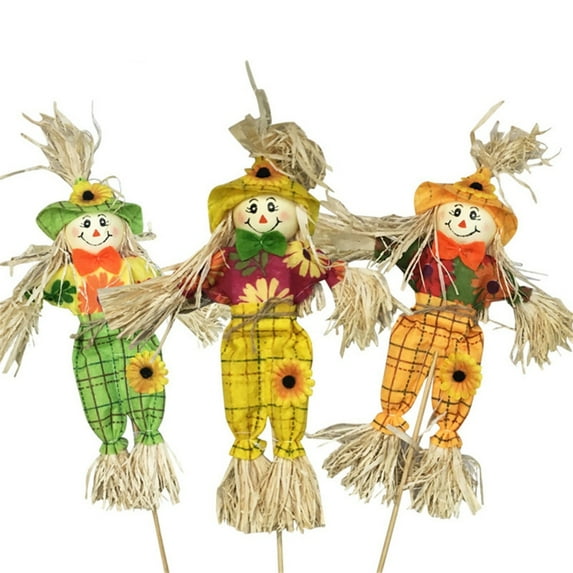 3 Pack 24 inch Fall Harvest Scarecrow Decorations, Thanksgiving Standing Scarecrow for Autumn with Bamboo Pole, Rustic Outdoor Scarecrow Halloween Decor for Garden, Yard, Lawn Supplies, Porch Sign