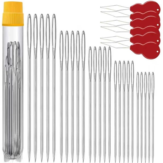 3 Pack 25 Pcs Large Eye Stitching Needles - 5 Sizes Big Eye Hand Sewing Needles with Clear Storage Tube and 2 Threaders for Stitching, Sewing and Crafting