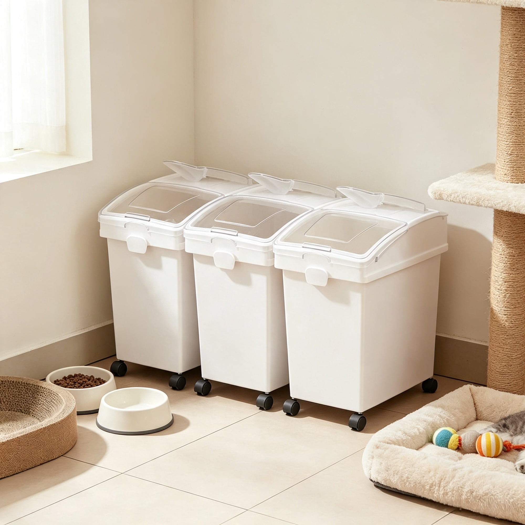 3 Pack 25L Large Rice Storage Container, Airtight Dog Food Dispenser Bin with Wheels & 3 Scoops, Kitchen Grain Cereal Flour Organizer