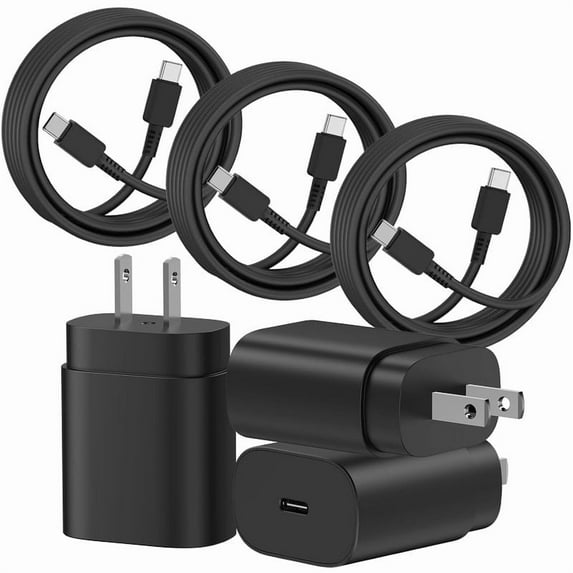 Freedomtech 25W Wall Charger Power Adapter with USB-C 3FT Cable, 3-Pack Super Fast Charging, Compact Design, Energy Efficient, Compatible with Galaxy and USB Type C Devices, Black