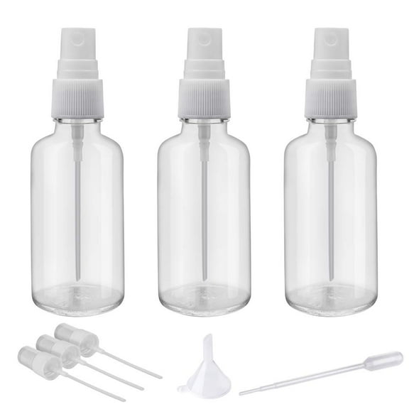 3-Pack 2oz Clear Glass Spray Bottles for Essential Oils, Small Fine Mist Plastic Sprayer Set, Travel Size Empty Liquid Refillable Containers for Cleaning, Plants, Hair, Perfumes, 2 oz
