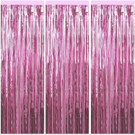 3 Pack 3.2 ft x6.5 ft Tinsel Foil Fringe Curtains Backdrop, Sparkle Metallic Foil Curtains for Party Photo Booth Props Decoration, Rose Pink