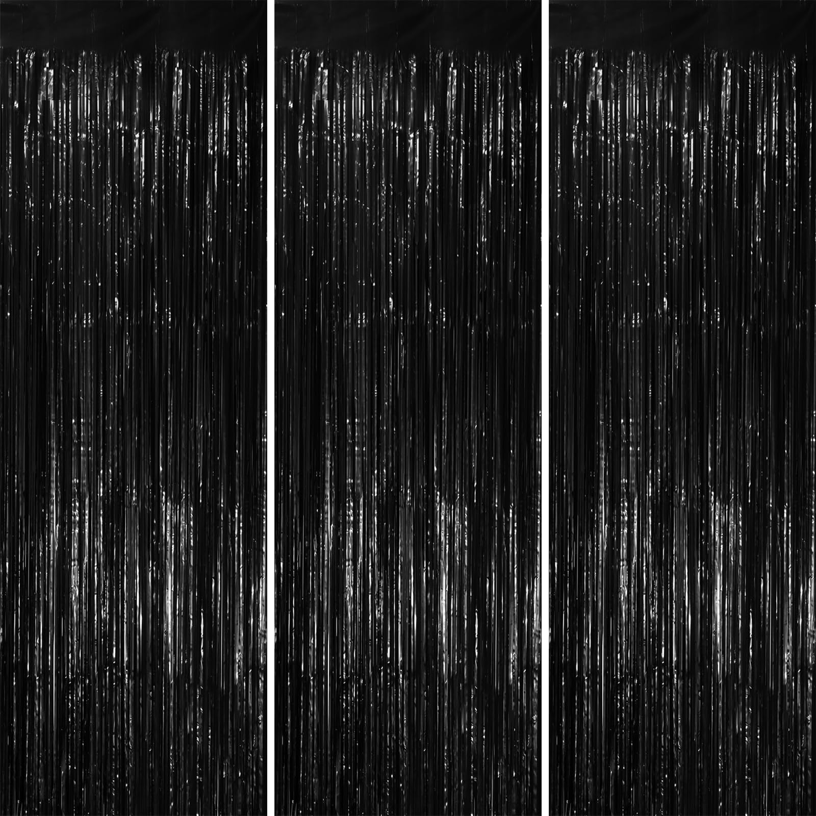 3 Pack 3.2 x 6.56 Ft Black Streamer Black Tinsel Foil Fringe Backdrop Curtains, Photo Booth Props for Birthday, Retirement, Bachelor Party Decorations