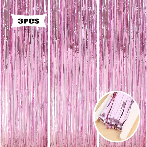 3 Pack 3.28 x 6.56 ft Pink Foil Fringe Backdrop Curtain, Streamer Backdrop Curtains, Birthday Wedding Holiday Celebration Graduation Bachelorette Pink Party Backdrop Decorations