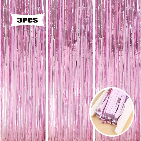 3 Pack 3.28 x 6.56 ft Pink Foil Fringe Backdrop Curtain, Streamer Backdrop Curtains, Birthday Wedding Holiday Celebration Graduation Bachelorette Pink Party Backdrop Decorations
